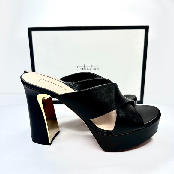 Sebastian Black Nappa Leather Strappy Sandals Size 38 EU Gold Block Heel Women's - Picture 7 of 10